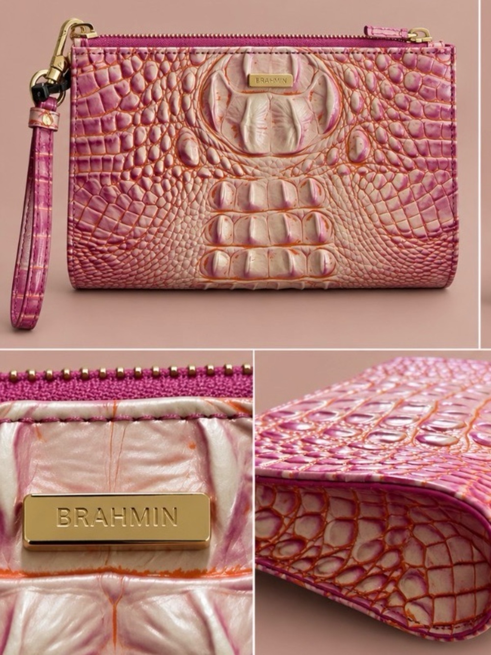Brahmin NWT Iridescent Pink Croc-Embossed Wristlet Clutch Wristlet NWT - Picture 6 of 7